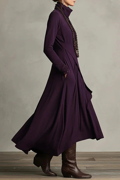Cardydony Women's Solid Color High-neck Long-sleeved Irregular Casual Maxi Dress