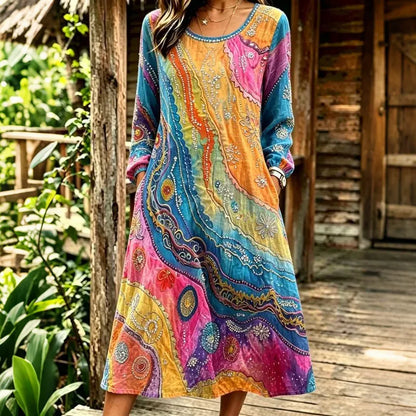 Cardydony Women's Retro Hippie Rainbow Cotton Linen Dress