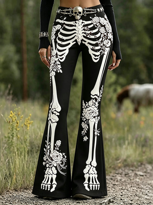 Cardydony Women's Goth Skeleton Floral Print Flare Pants