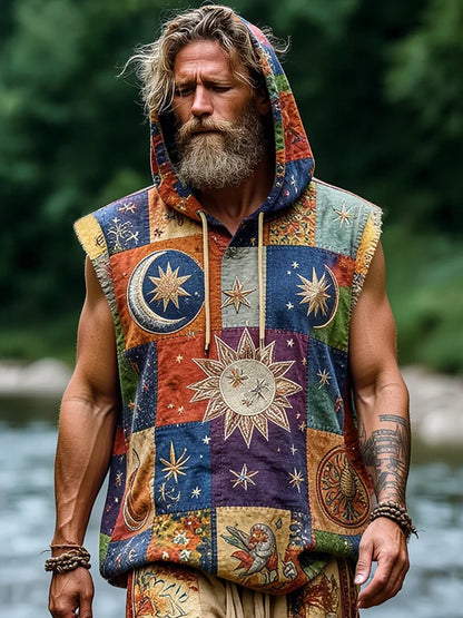 Cardydony Men's Retro Hippie Patchwork Sun Peace Print Cotton Linen Hooded Tank Top