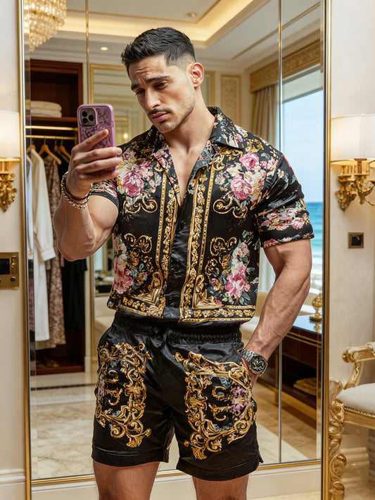 Cardydony Men's Fashion Baroque Floral Pattern Cuban Shirt And Shorts Two-piece Set
