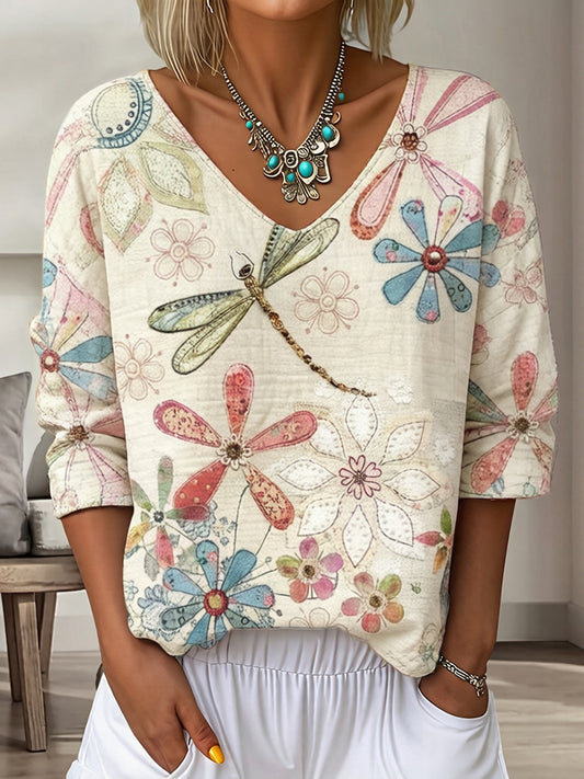 Cardydony Women's Vintage Floral In Gradient Art Print Flowy Linen Blend Three-quarter Sleeve V Neck Linen Tops