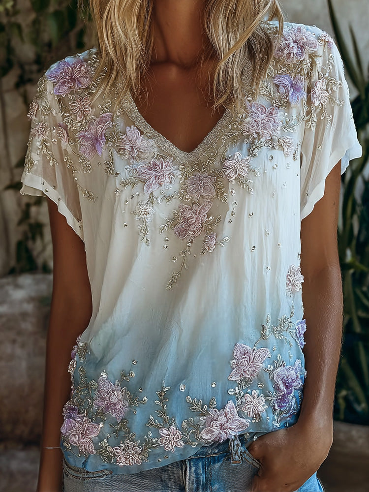 Cardydony Vintage Boho V-neck Floral Ombre Sheer Top With Hand Beaded Embroidery