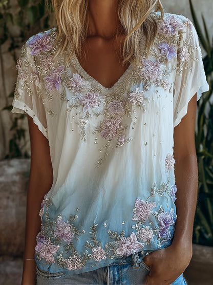 Cardydony Vintage Boho V-neck Floral Ombre Sheer Top With Hand Beaded Embroidery