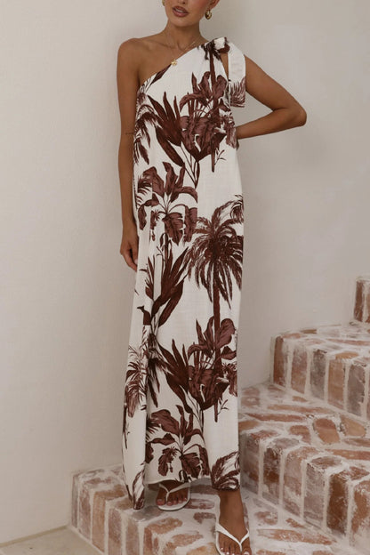 Cardydony Women's Botanical Print Sleeveless One-shoulder Casual Vacation Maxi Dress
