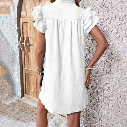 Cardydony Ruffled Notched Cap Sleeve Linen Dress