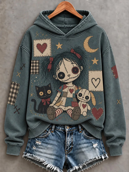Cardydony Women's Halloween Patchwork Doll Art Print Hoodie