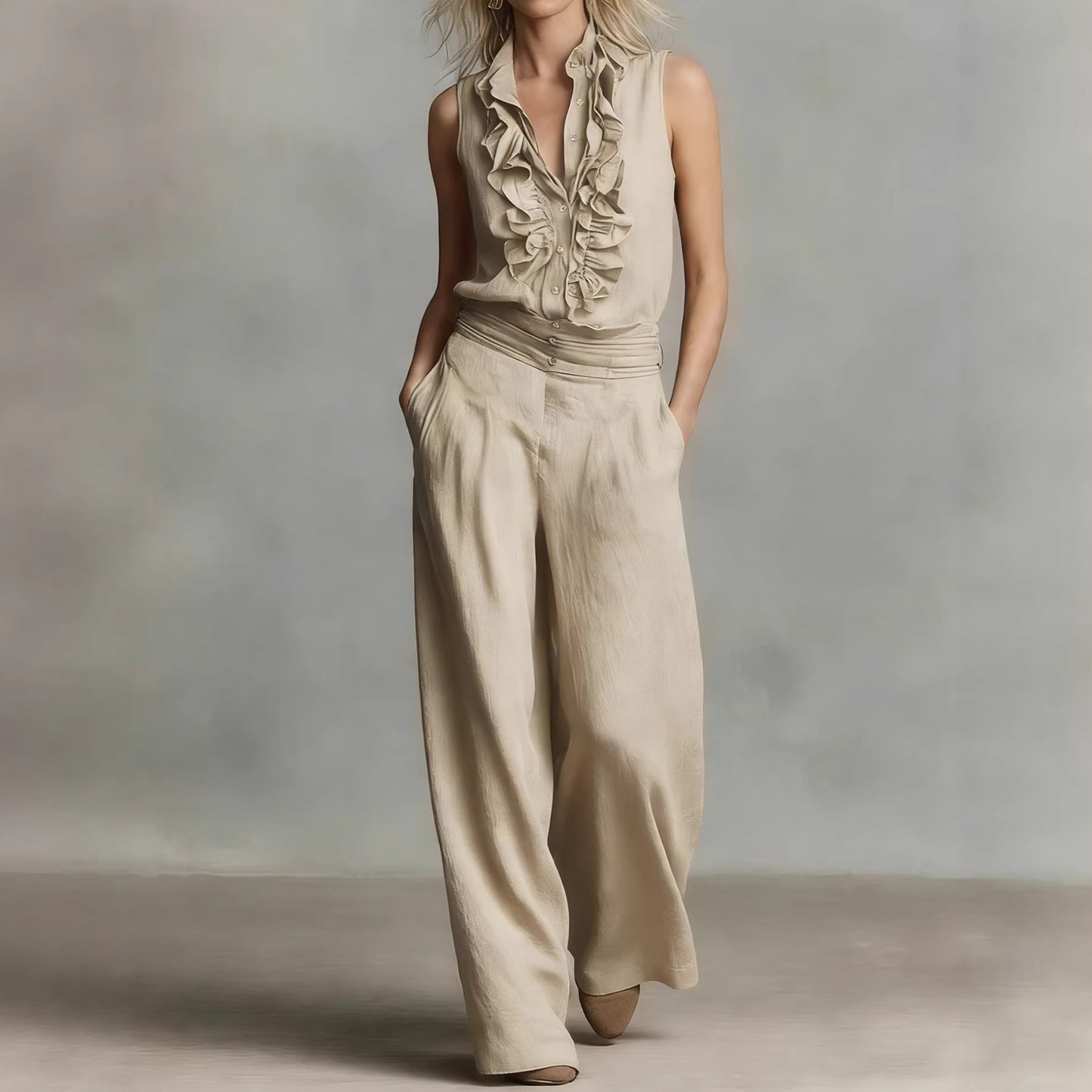 Cardydony Simple Linen Blend Sleeveless Shirt And Wide-leg Pants Set