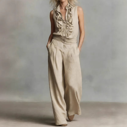 Cardydony Simple Linen Blend Sleeveless Shirt And Wide-leg Pants Set