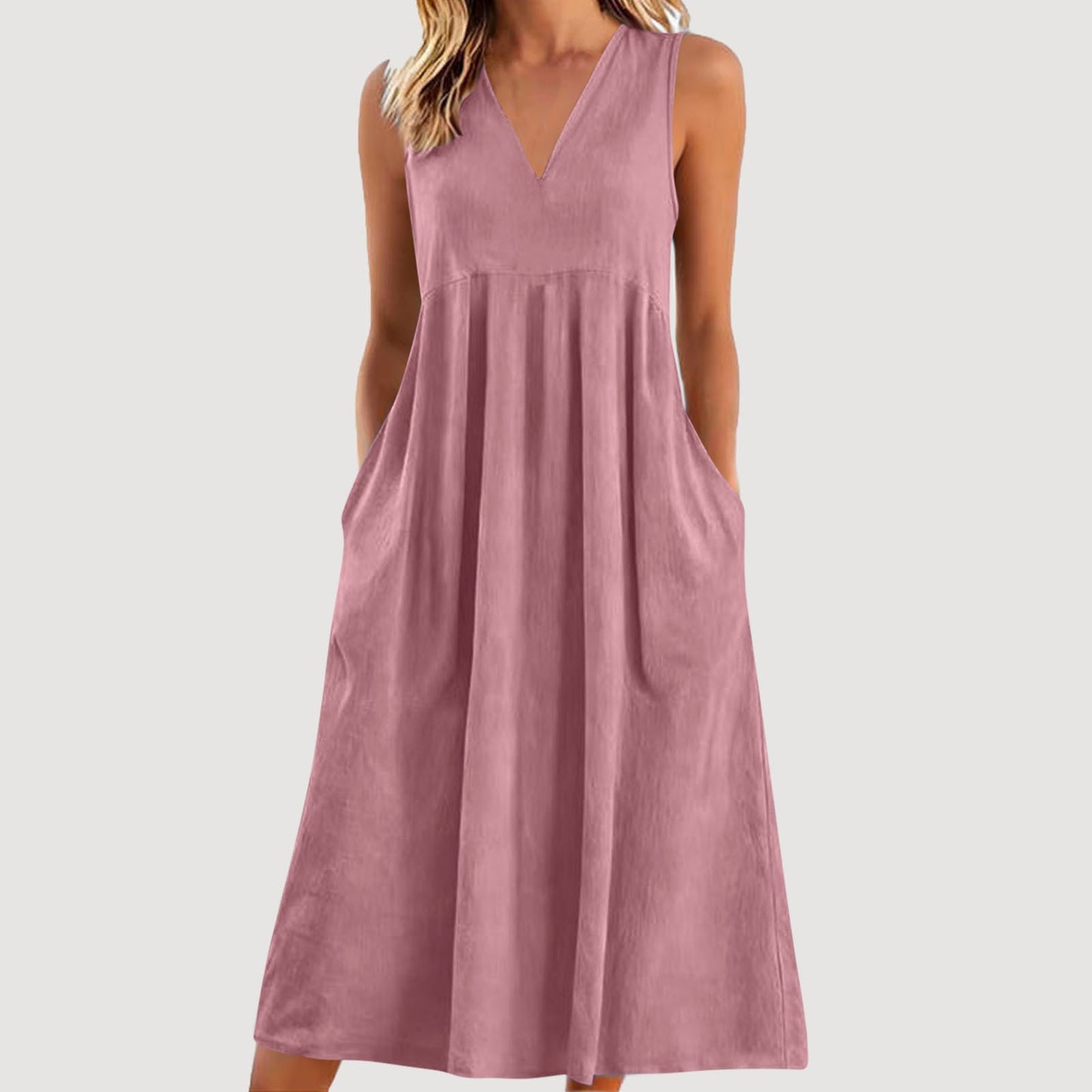 Cardydony Women's Solid Color V-neck Sleeveless Linen Blend Midi Dress