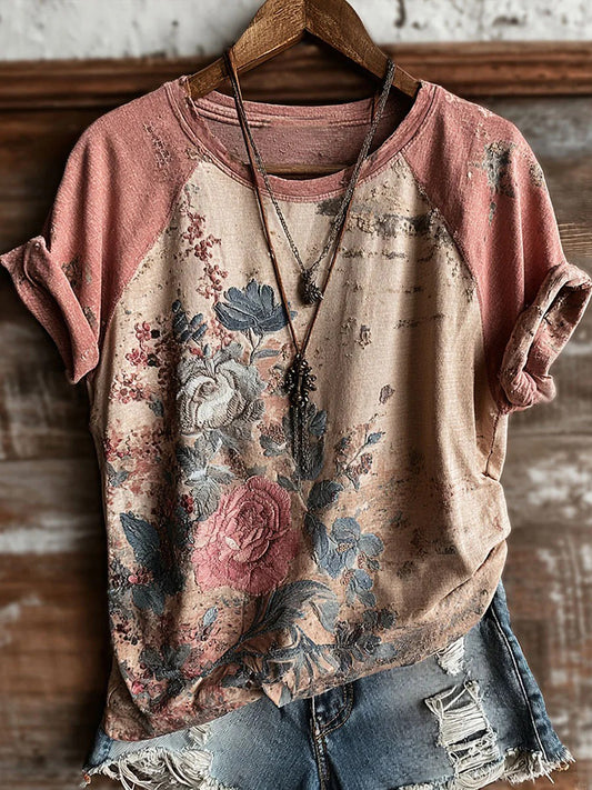Cardydony Women's Retro Bohemian Floral Casual T-shirt