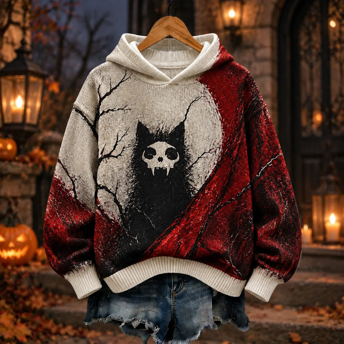 Cardydony Women's Halloween Spooky Skull Black Cat Moon Graphic Hooded Sweater