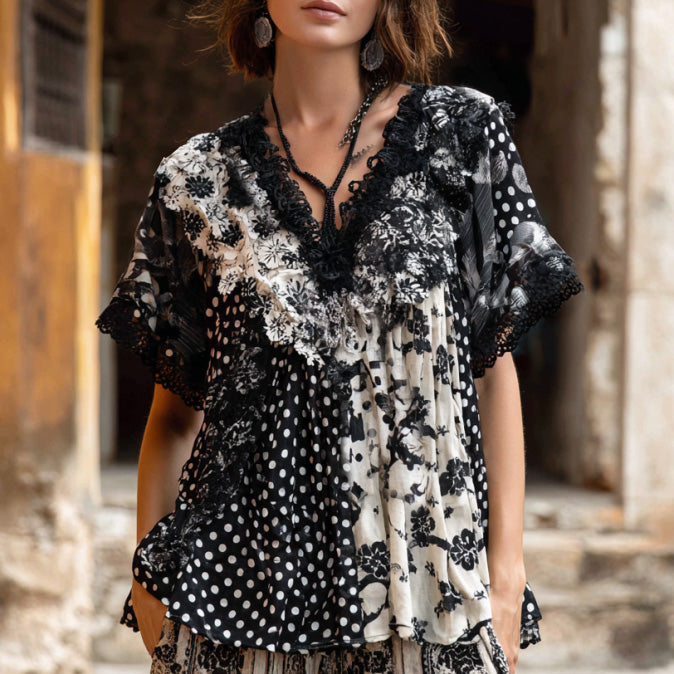 Cardydony Women's Retro Bohemian Style Floral Print Lace Polka Dot V-neck Short-sleeve Top