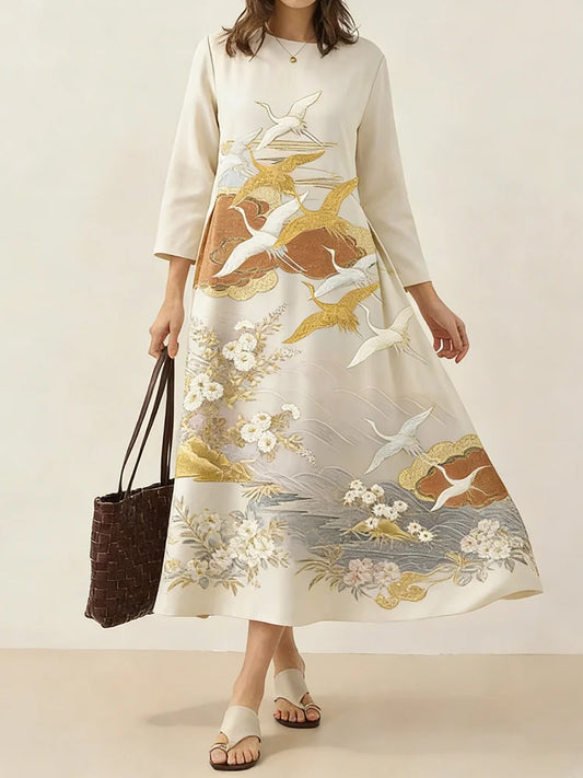 Cardydony Japanese Retro Floral With Crane Print Art Comfy Maxi Dress