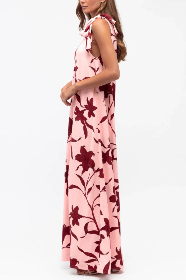 Cardydony Women's Botanical Print Sleeveless One-shoulder Tie-up Casual Vacation Maxi Dress
