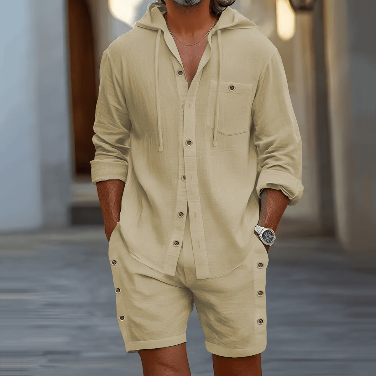 Cardydony Men's Cotton Hooded Solid Color Long-sleeved Shorts Vacation Set