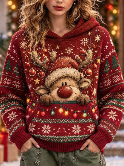 Cardydony Women's Cute Christmas Reindeer Pattern Relaxed Fit Hooded Knit Pullover Sweater