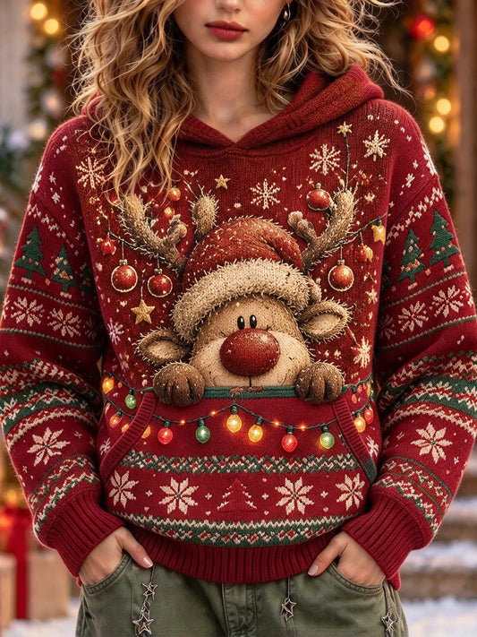 Cardydony Women's Cute Christmas Reindeer Pattern Relaxed Fit Hooded Knit Pullover Sweater