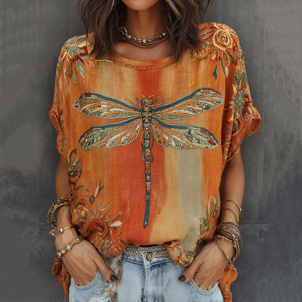 Cardydony Vintage Dragonfly And Floral Pattern Linen Blend Short Sleeve Tops