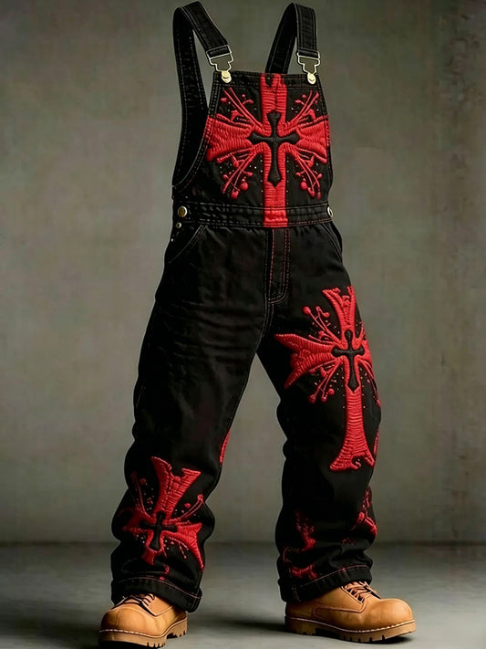 Cardydony Men's Retro Viking Style Cross Embroidered Summer Cotton Linen Casual Overalls
