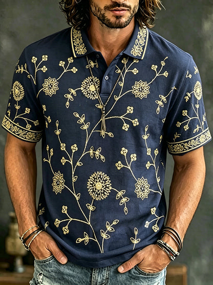 Cardydony Men's Vintage Causal Spring Summer Floral And Birds Art Print Flowy Polo Shirt