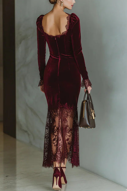 Cardydony Women's Fashionable Velvet and Lace Patchwork Square Neck Long-sleeved Maxi Dress