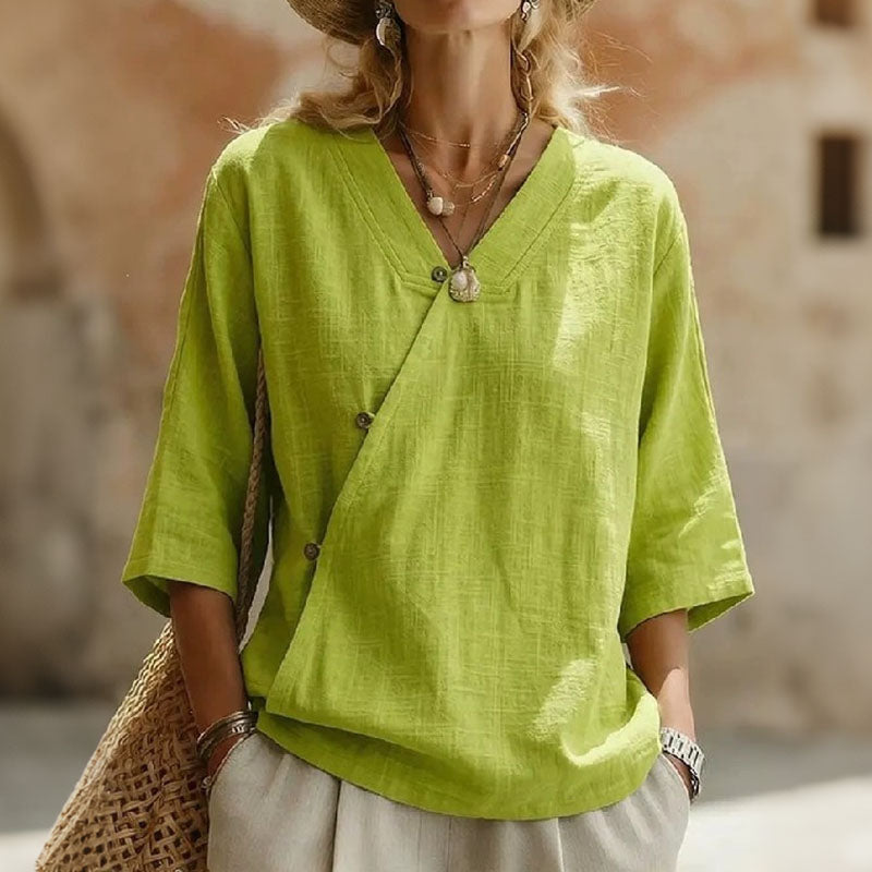 Cardydony Women's Casual Cotton And Linen Retro Diagonal Button Three-quarter Sleeve Top