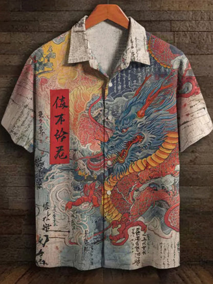 Cardydony Men's Retro Japanese Dragon Pattern Print Short-sleeve Shirt