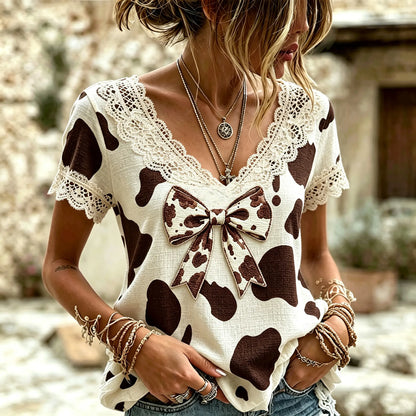 Cardydony Women's Retro Farm Style Animal Print V-neck Top