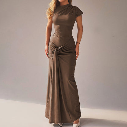 Cardydony Women's Fashionable And Elegant Slim-fit Pleated Tie-waist Short-sleeved Dress