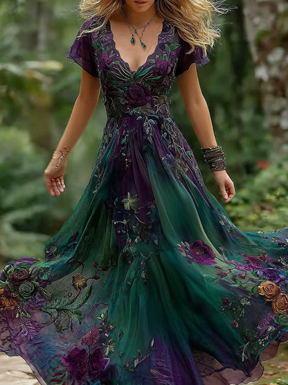 Cardydony Women's Vintage Floral Embroidery Gradient Pattern V Neck Dress