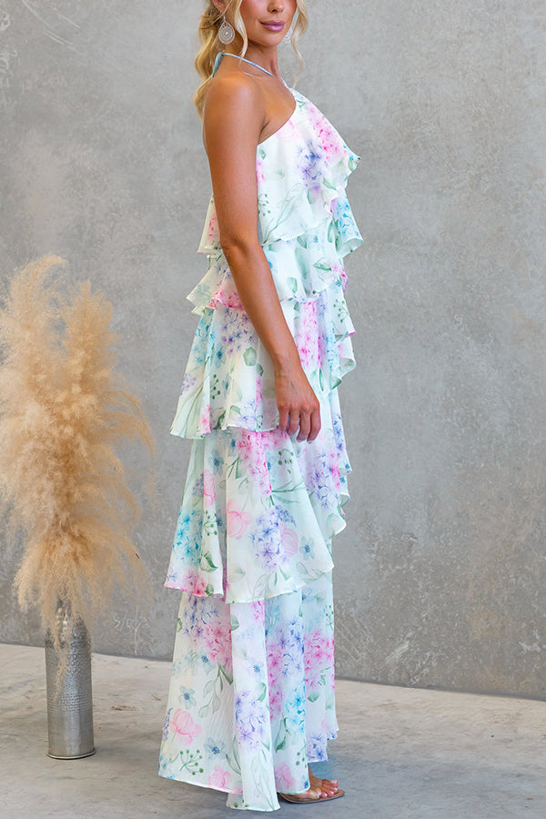 Cardydony Women's Poetic Eden Chiffon Floral Print Tiered Ruffles Halter A-line Maxi Dress