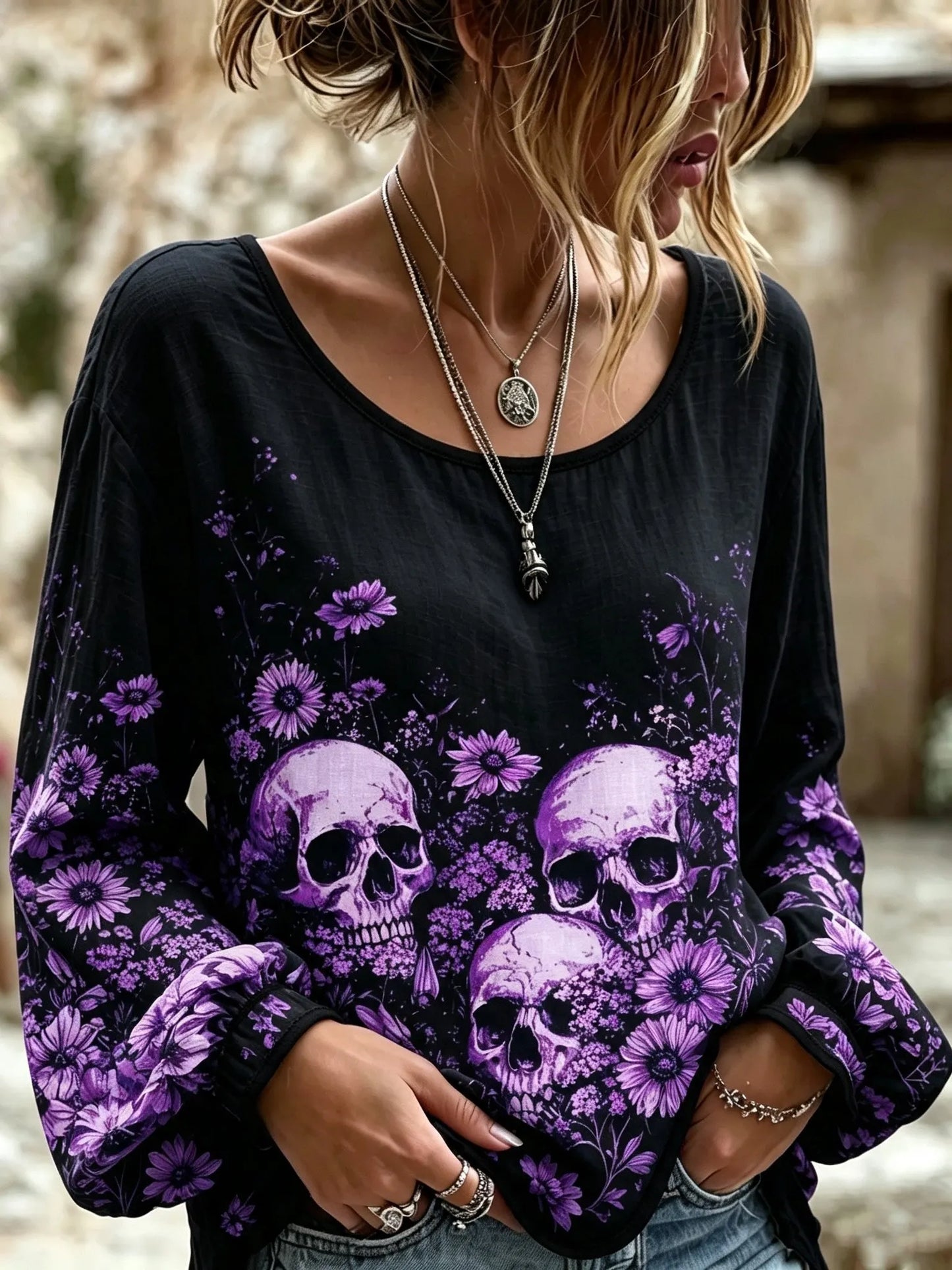 Cardydony Women's Bohemian Halloween Skull And Floral Print Cotton Linen Top