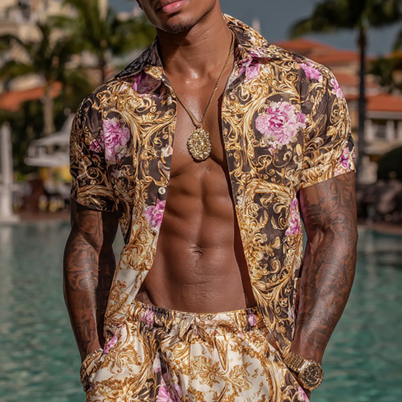 Cardydony Men's Fashion Baroque Floral Pattern Cuban Shirt And Shorts Two-piece Set