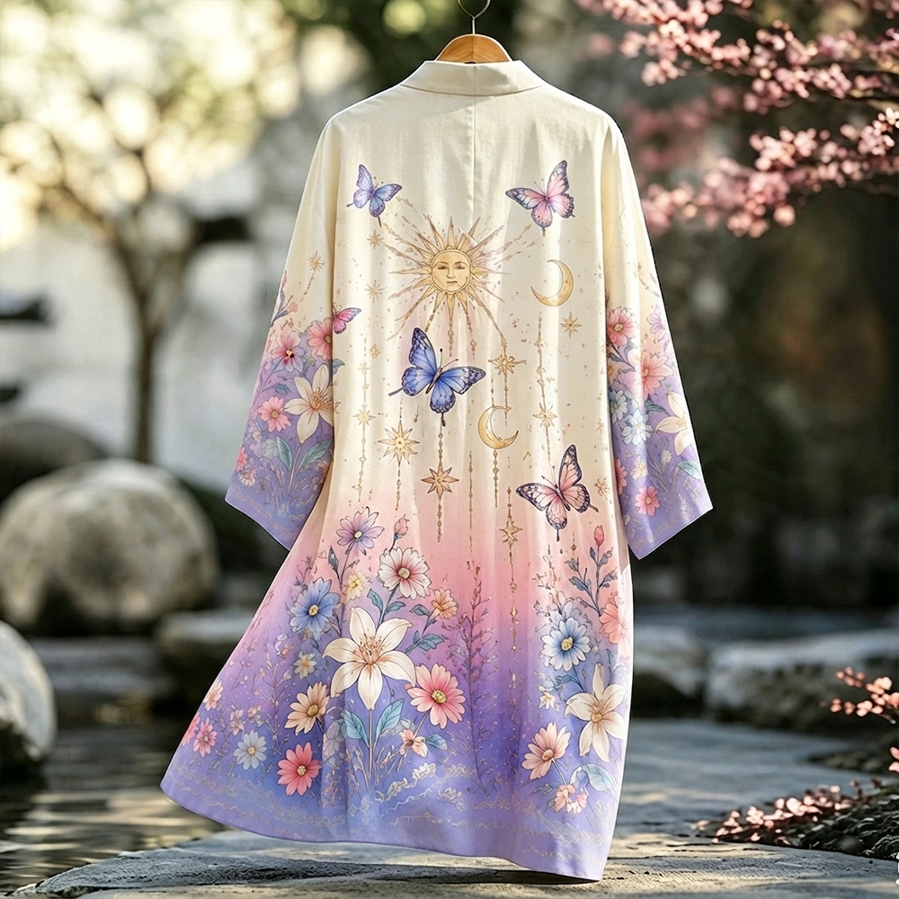 Cardydony Women's Casual Open-front Long Cardigan With Celestial Sun, Moon, Butterflies, And Ombre Floral Print