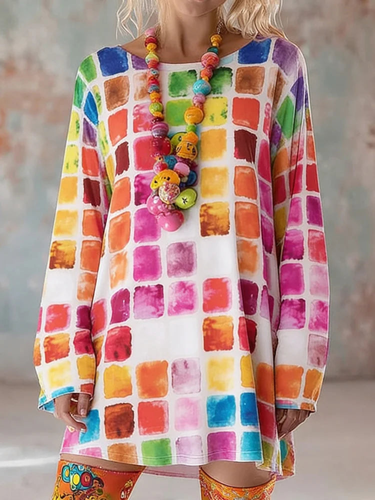 Cardydony Women's Abstract Color Block Plaid Print Mini Dress