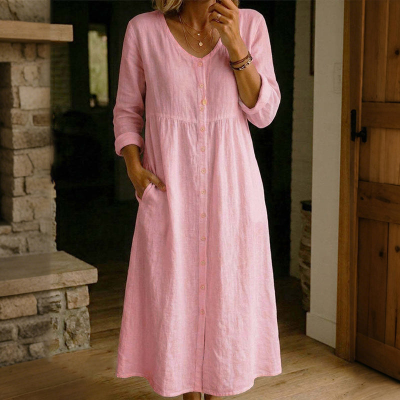 Cardydony Women's Solid Color Buttons Linen Blend Maxi Dress