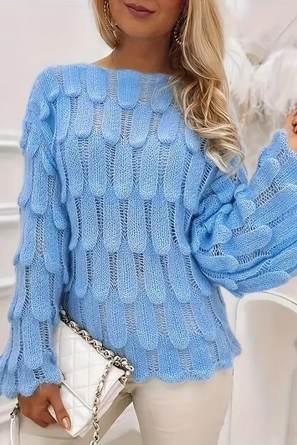 Cardydony Women's Elegant Feather Hollow Loose Bell Sleeve Knitted Sweater