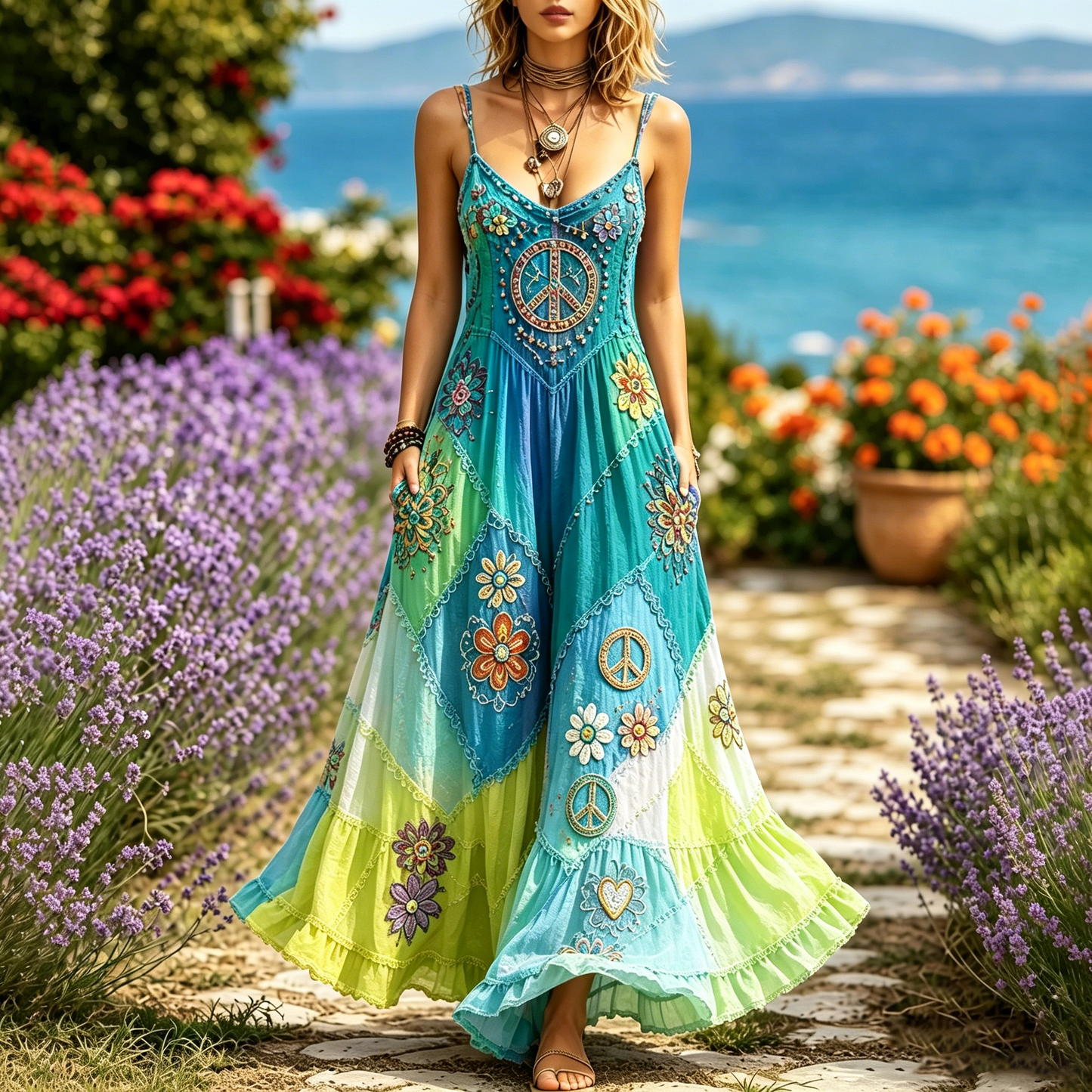 Cardydony Women's Hippie Floral Peace Sign Contrast Patchwork Sleeveless Dress