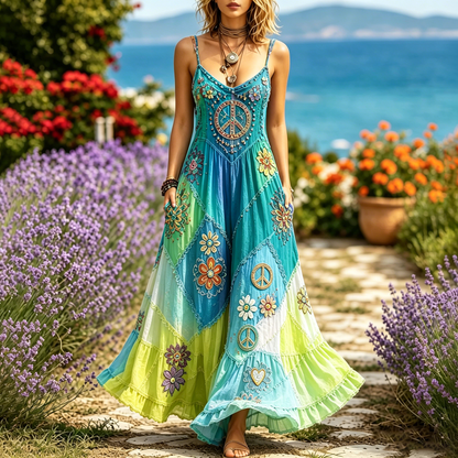 Cardydony Women's Hippie Floral Peace Sign Contrast Patchwork Sleeveless Dress