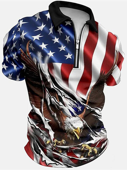 Cardydony Men's Retro America's 250th Anniversary Print Zipper Up Polo Shirt