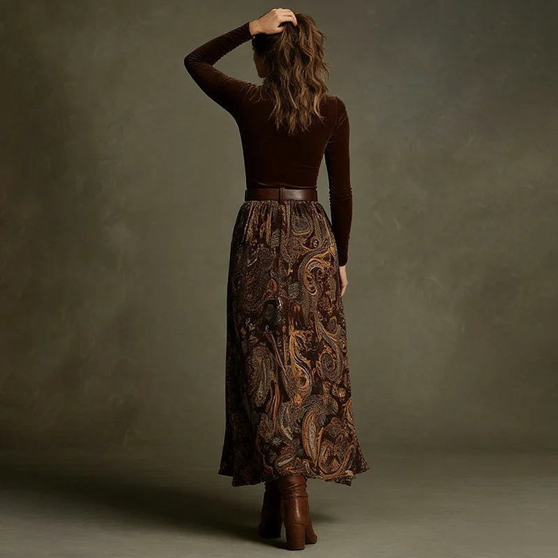 Cardydony Vintage Printed Velvet Belted Maxi Dress