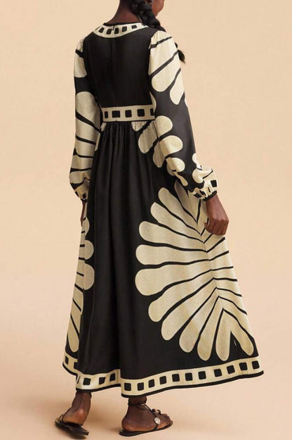 Cardydony Women's  Unique Print V-Neck Long Sleeve Casual Vacation Maxi Dress
