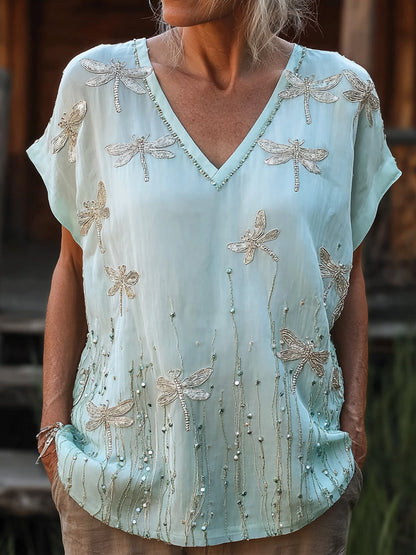 CardydonySage Light Blue Allover Dragonfly Embroidery V Neck Short Sleeve Top For Women