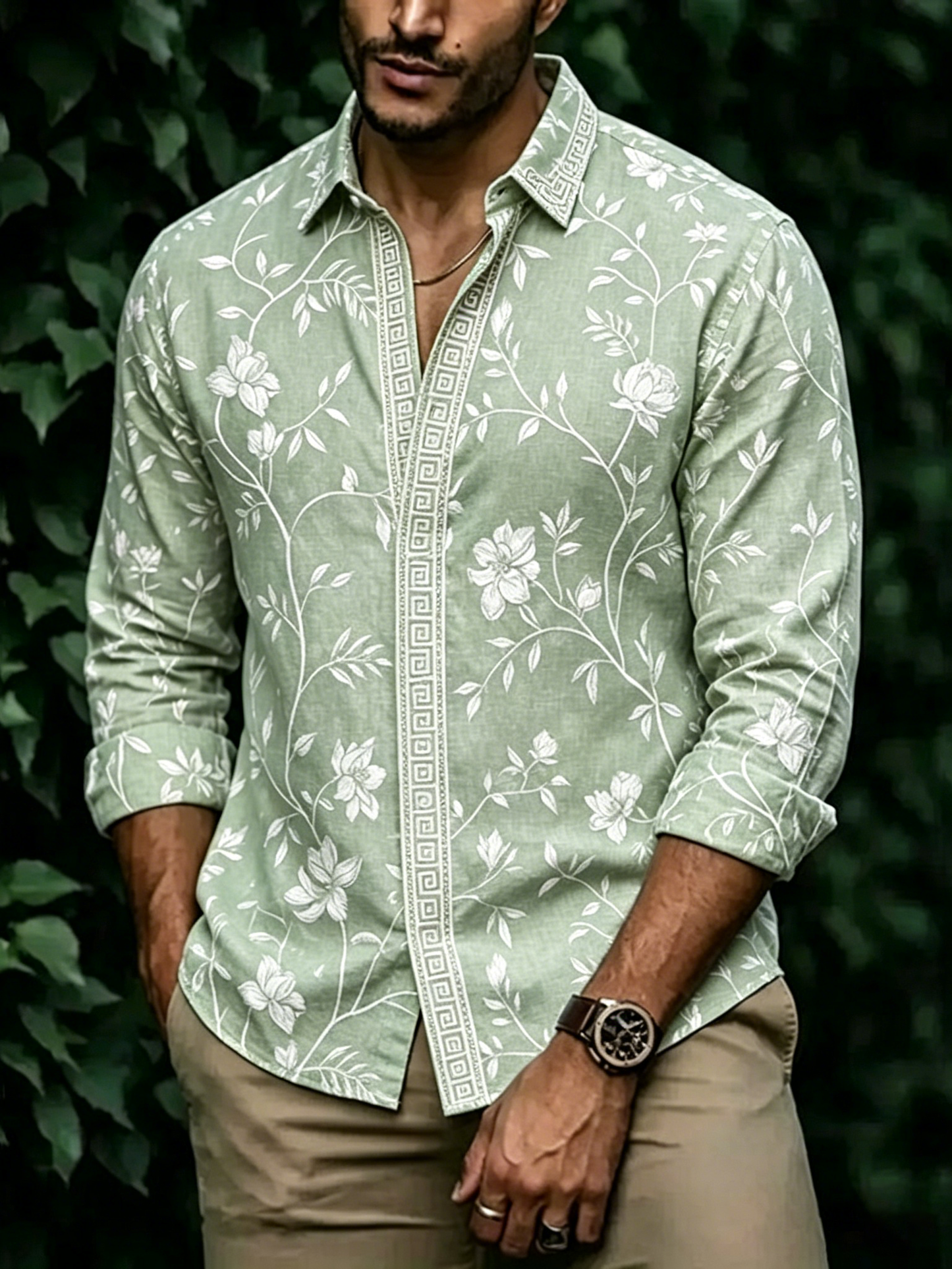 Cardydony Men's Vintage Floral Art Linen Blend Casual Shirt