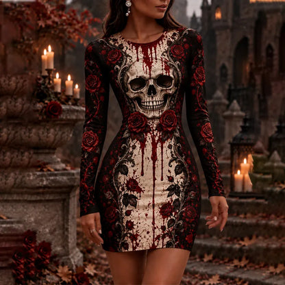 Cardydony Women's Halloween Skeleton Rose Bloodstain Print Bodycon Long-sleeve Dress