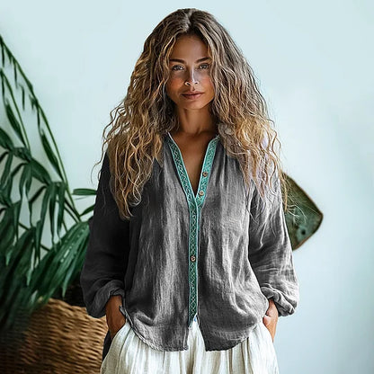 Cardydony Bohemian Style Linen Print Long Sleeve Shirt