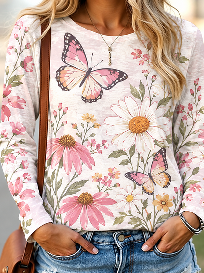 Cardydony Women's Casual Long-sleeve T-shirt With Pink Butterfly And Daisy Print