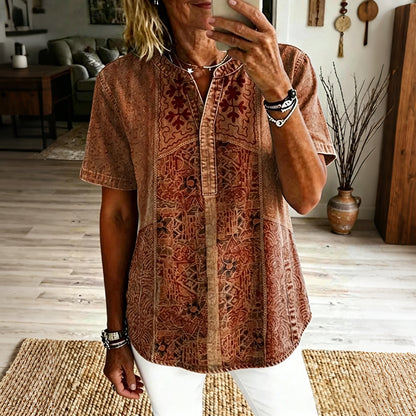 Cardydony Women's Vintage Ethnic Floral Art Print Casual Short-sleeve Shirt