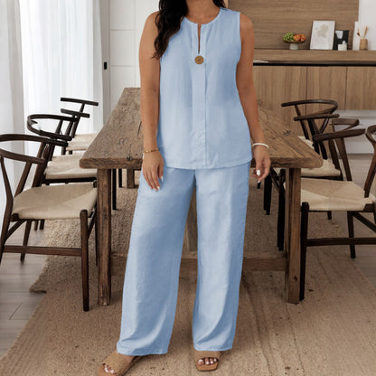 Cardydony Loose Top Casual Wide Leg Pants Linen Two Piece Set